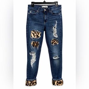 KanCan Dark Blue Skinny Jeans with Leopard Patch Rips